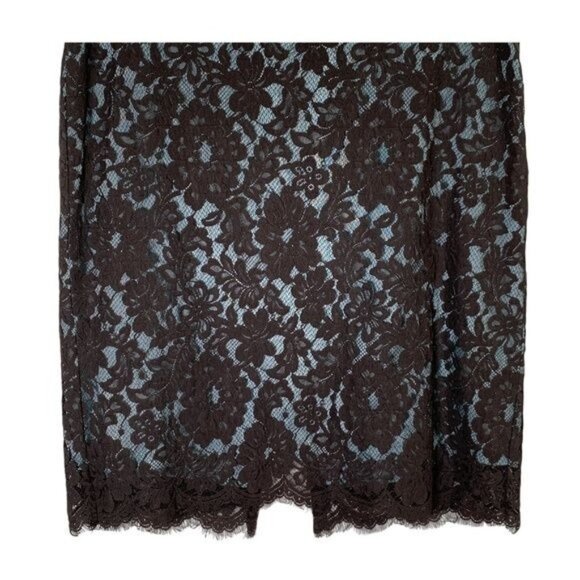Karen Kane Lace Pencil Skirt Size 4 | Brown Blue Floral Overlay Fall Workwear - Picture 3 of 9